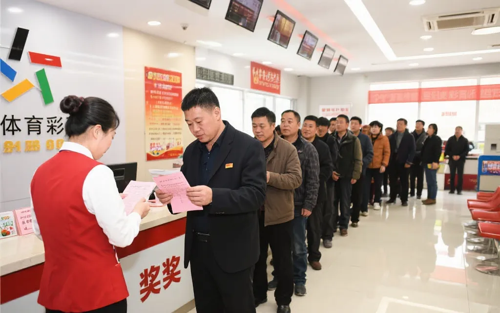 兑奖大厅，彩民排队兑奖，秩序井然